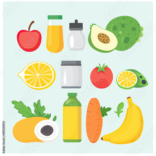 Flat minimalist vector illustration of assorted healthy fruits vegetables and juice bottles including apple, avocado, lemon, tomato, carrot, banana, and leafy greens on light background