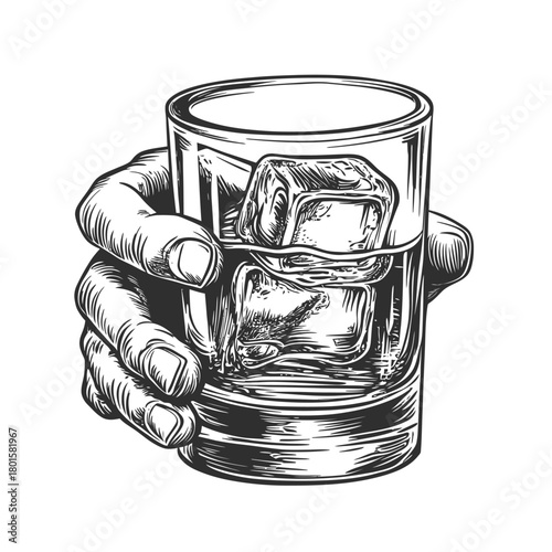 Hand holding glass with whiskey and ice cubes detailed black and white line art sketch engraving style illustration for relaxation and drink concept