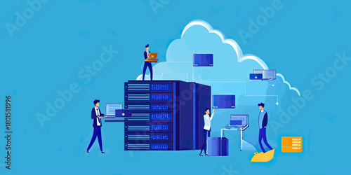 Business technology team managing data servers connected to cloud computing network with laptops and digital devices in modern flat vector style