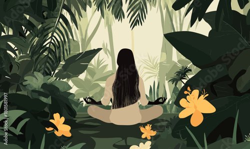 Woman meditating lotus position surrounded by dense tropical green foliage and vibrant yellow flowers serene nature mindfulness illustration vector