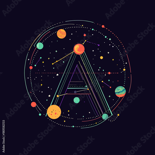 Abstract letter A constellation design with colorful planets, stars, and orbit lines on dark space background, cosmic astronomy vector illustration for technology and science themes