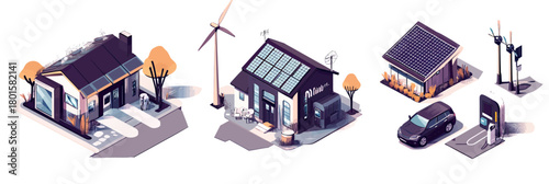 Isometric Modern Eco Houses with Solar Panels Wind Turbine Electric Car Charging Station Sustainable Energy Illustration