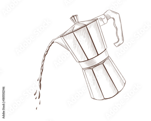 Metal geyser coffee maker on fire with coffee filter with a stream of hot aromatic coffee as a sign of cheerfulness and morning energy.Vector illustration hand drawn in line style