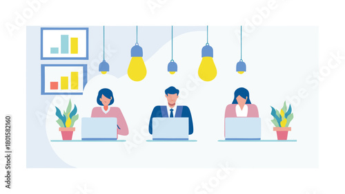 Creative professionals collaborating on a digital design project brainstorming ideas and working together on a modern office workspace illustration