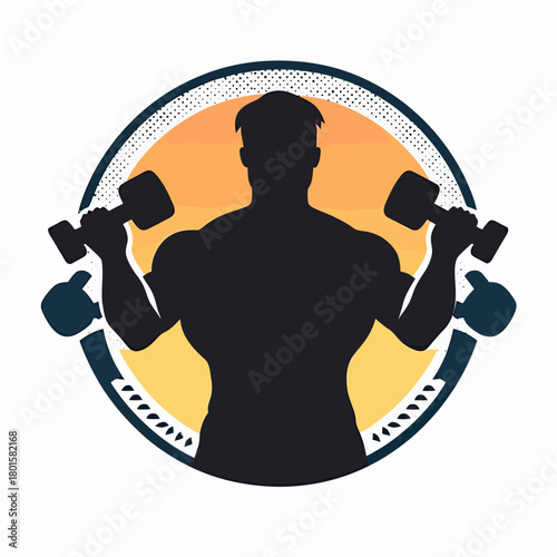 Muscular man silhouette lifting dumbbells with kettlebells and vibrant orange gradient circular gym fitness emblem logo design vector