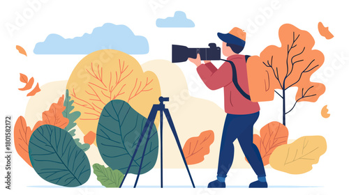 Male photographer with camera on tripod and backpack taking nature photos in autumn forest with colorful leaves and trees flat vector illustration