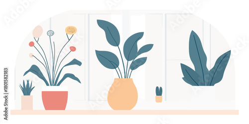 Minimalist indoor houseplants in modern pots on window sill with soft natural light flat vector illustration for home decor and lifestyle concept design template