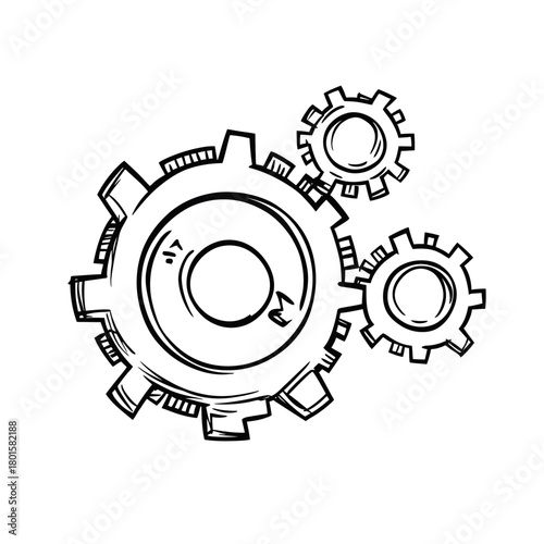 Hand drawn sketch of three interlocking gear wheels in black and white mechanical engineering doodle style vector illustration for technology and industry concept design