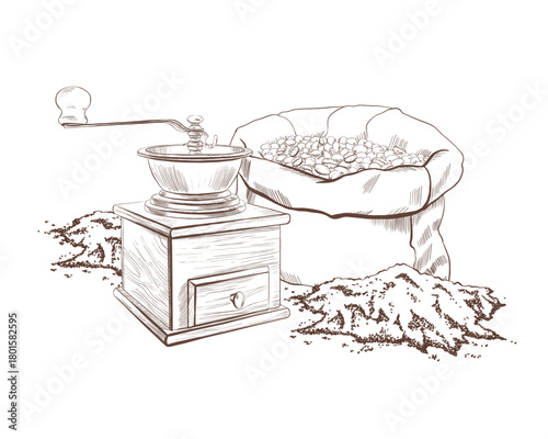 Manual wooden coffee grinder with a canvas bag containing coffee beans and a pile of freshly ground aromatic coffee as symbol of manual labor and genuine product quality.Vector hand drawn illustration