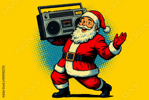 Santa Claus joyfully carrying a large vintage boombox on his shoulder, blending classic holiday charm with retro 80s street culture vibes. Generative ai vector colorful pop art illustration.