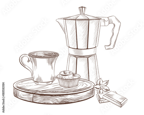 Arabic style morning coffee with a small cup of Arabica,Turkish delight dessert on a wooden round tray with chocolate bars and a vanilla flower with a geyser coffee maker for home brewing.Vector line