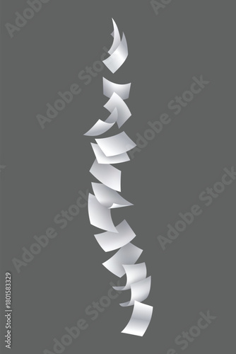 Falling paper sheets. Set of flying curved leaves of paper. Vector loose soar of notes with curled edges. Fly scattered notes, empty chaotic paperwork