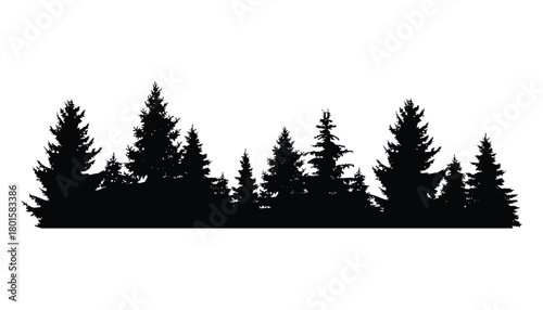 Fir trees silhouette. Coniferous spruce horizontal background pattern, black evergreen woods vector illustration. Beautiful hand drawn panorama of coniferous forest