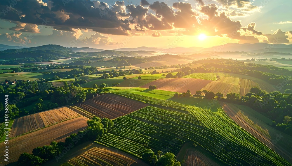 Fototapeta premium Aerial view of rolling green hills with agricultural fields, bathed in golden light from a setting sun