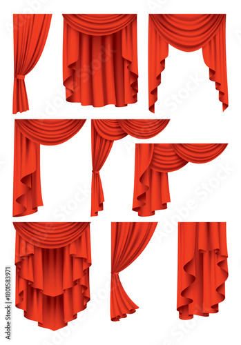 Red curtains realistic collection. Theater fabric silk decoration for movie cinema or opera hall. Curtains and draperies interior decoration object. Isolated on white for theater stage.
