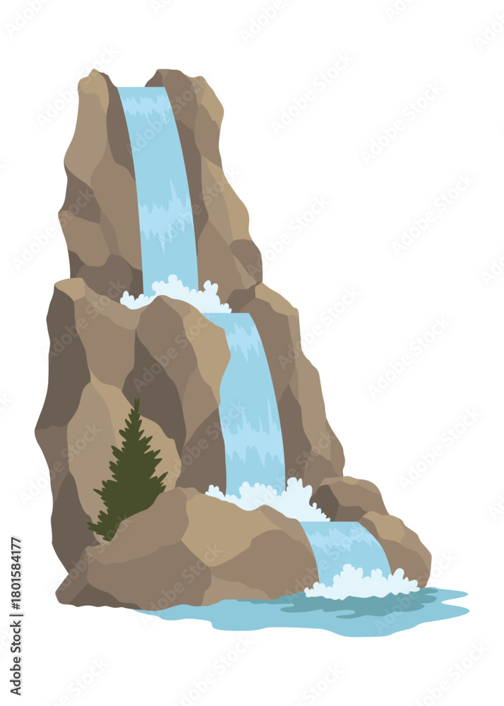 Obraz premium Cartoon river cascade waterfall. Landscape with mountains and trees. Design element for travel brochure or illustration mobile game. Fresh natural water