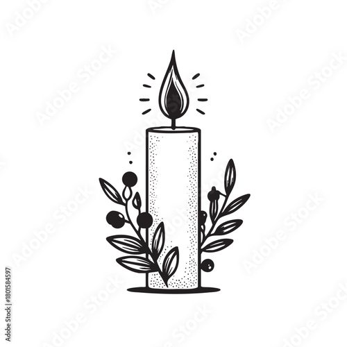 Black and white line drawing of a burning candle with foliage