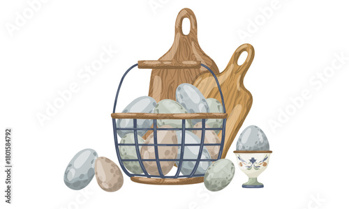 Farm fresh eggs in a rustic wire basket next to wooden cutting boards. Hand-drawn vector illustration in a natural watercolour sketch style, isolated for market flyers, recipe books