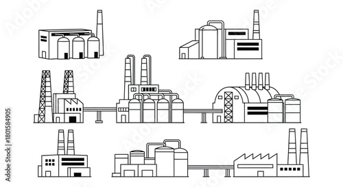 Factory industrial building plant manufacturing structure vector set