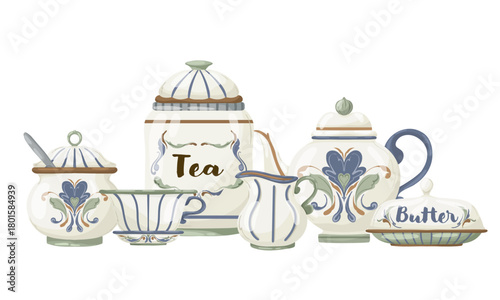 Vintage tea set and pantry containers: Tea jar, butter dish, creamer, sugar bowl, and teacup. Hand-drawn vector illustration in a rustic ceramic style, isolated for menu or product package design.