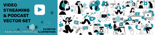 Video streaming and podcast vector set of 20 illustrations, multimedia, recording, broadcasting,  social media, shorts