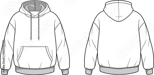 Pullover hoodie technical flat sketch, oversized sweatshirt template, kangaroo pocket, fashion CAD vector illustration, apparel mock-up, front and back view.