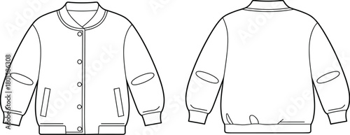 Bomber jacket technical flat sketch, varsity jacket template, snap-front outerwear with elbow patches, fashion CAD vector illustration, front and back view.