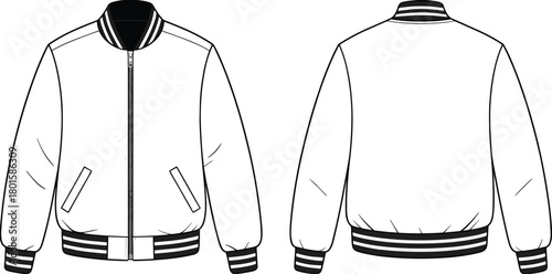 Bomber jacket technical flat sketch, zip-up varsity jacket template, striped rib collar and cuffs, fashion CAD vector illustration, apparel mock-up.