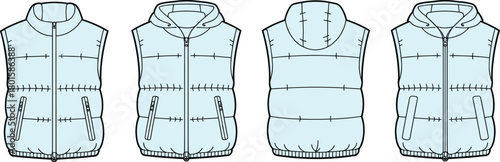 Puffer vest set technical flat sketch, hooded and stand collar gilet template, sleeveless zip-up jacket, fashion CAD vector illustration mock-up.