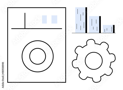 Washing machine icon and gear symbolizing automation, with bar charts representing data analysis and performance. Ideal for technology, innovation, workflow efficiency, productivity, machine