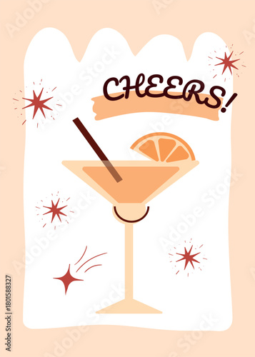 a glass with a cold drink, stars,  applause. a sweet with dessert, lemon, a seasonal  cute postcard. with festive applause, for banner, social media, postcard, print. vector art illustration