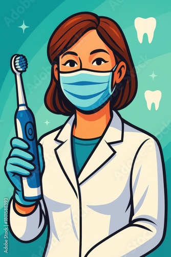 Stylized digital illustration of smiling female dentist in medical mask holding electric toothbrush on blue background