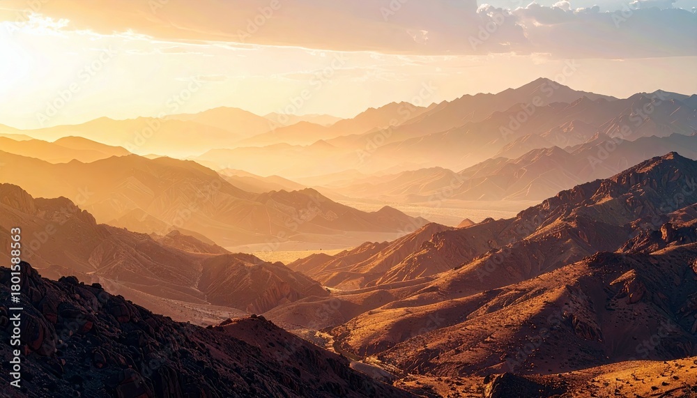 Naklejka premium A vast expanse of layered mountain ranges is illuminated by the warm, golden light of sunset or sunrise, casting long shadows and creating a sense of depth and