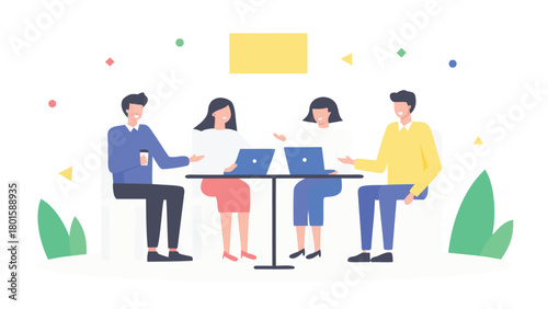 Diverse group of people engaged in a positive and collaborative discussion depicted in a clean flat vector style with vibrant colors