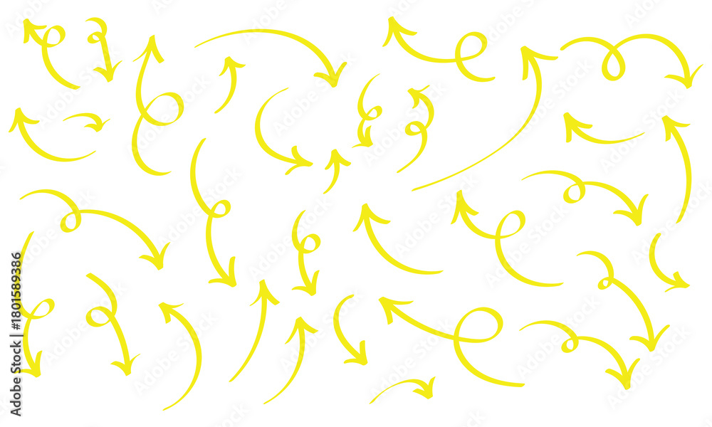 Obraz premium Yellow glowing hand-drawn curved arrow icon set on white background. Doodle curved arrow set on white background. Modern vintage arrow icon. EPS 10. 