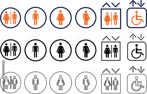 Public signage icon collection restroom gender and 
accessibility symbols for facilities and wayfinding