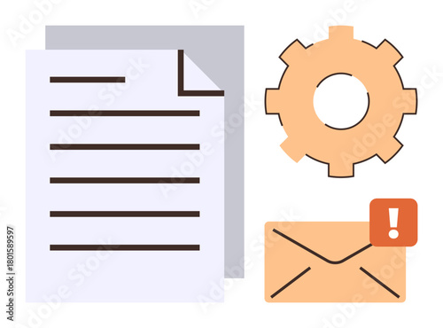Document stack, cogwheel for workflow automation, and envelope with alert for communication showcase organization. Ideal for productivity, efficiency, technology, business, collaboration, reminders