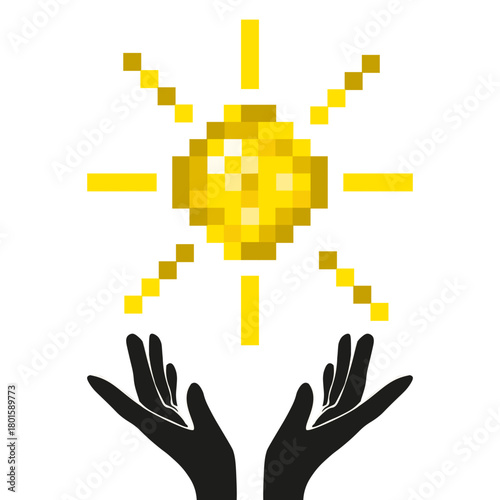 Summer Pixel art. Vector illustration of modern Pixel sun in black hand isolated white background. Trendy Summer Pixel t-shirt hoodies print idea. EPS 10