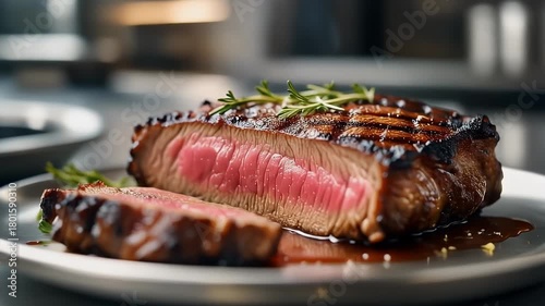 Wallpaper Mural A close-up of a perfectly grilled steak on a stainless steel plate. Torontodigital.ca