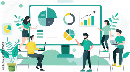 Flat illustration of diverse analysts collaborating and studying a pie chart representing data analysis business strategy and teamwork in a modern office setting