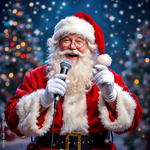 Santa Claus singing into a microphone with Christmas trees in background  