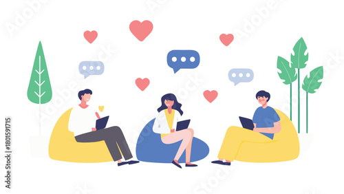 Diverse group of friends relaxing and socializing together while sitting on comfortable beanbag chairs in a casual indoor setting perfect for lifestyle and leisure themes