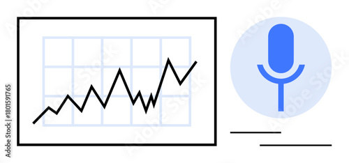 Rising line chart inside a grid alongside a blue microphone, symbolizing data analysis, audio insights, and technology. Ideal for analytics, podcasts, audio processing, speech recognition