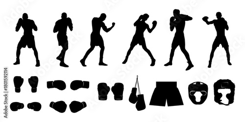 Simple black silhouette boxing vector complete with fighting pose and boxing props. vector eps