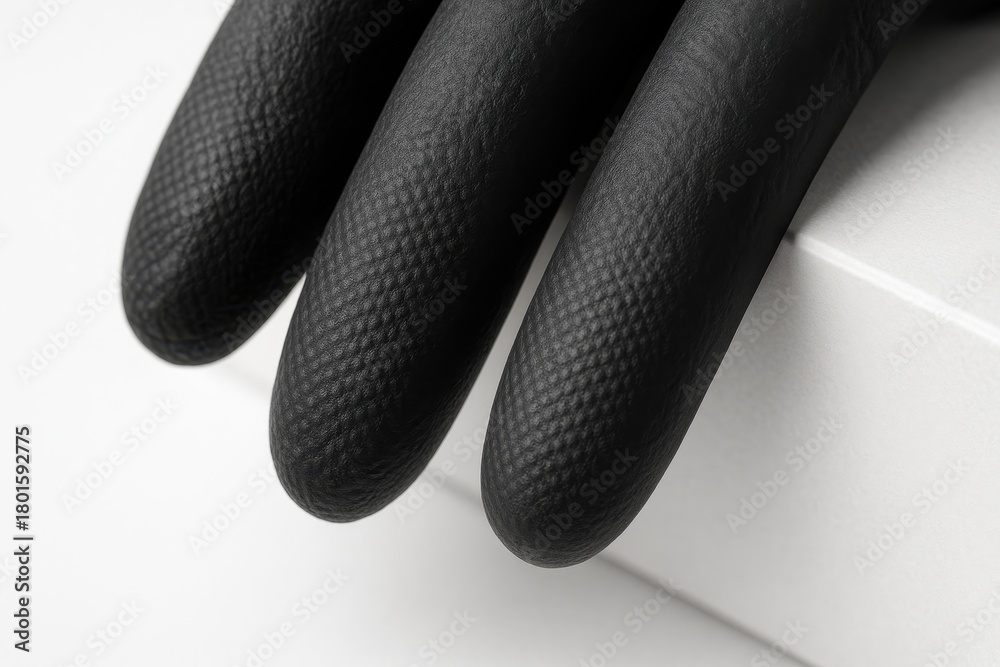 Obraz premium Black nitrile medical gloves and box macro closeup on white background fingertips pressed to corner showing grip texture for healthcare safety themes
