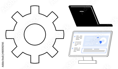 Gear, laptop, and desktop screen with analytical dashboard. Ideal for technology, software, productivity, business, innovation automation workflow. Minimalist flat metaphor