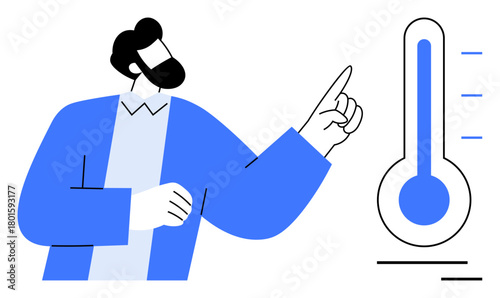 Man pointing at thermometer indicating temperature rise, representing concepts of climate change, weather, energy efficiency, heatwave, sustainability, environmental awareness, and health. Clean flat