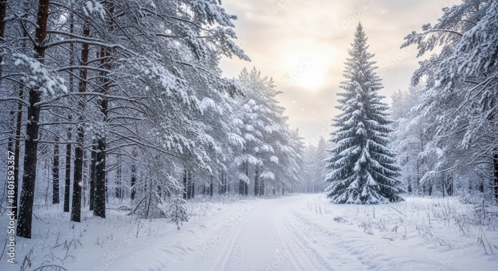 Obraz premium Tranquil Snowy Forest Path Illuminated by Soft Sunlight