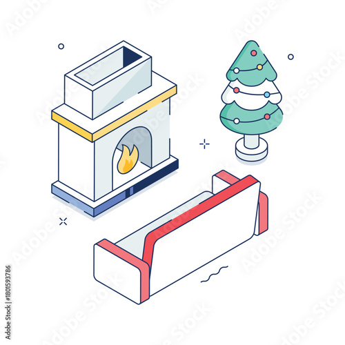 Holiday fireplace with festive decorations and gifts, modern isometric illustration