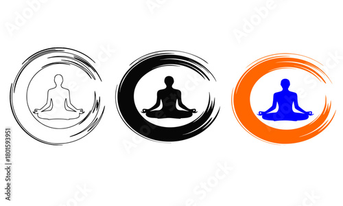 Meditation Icon Set in Brush Stroke Circle Frame, Yoga Lotus Pose Silhouette, Zen Circle Enso, Wellness, Mindfulness, and Relaxation Symbol Vector Collection Isolated on White